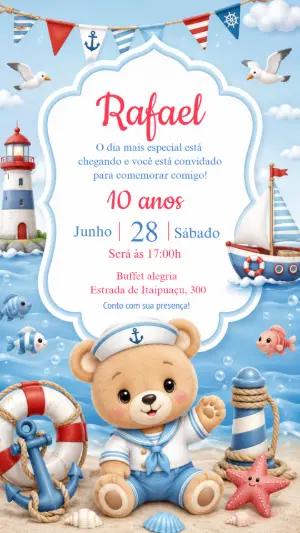 Convite de Aniversário Ursinho Marinheiro Editável