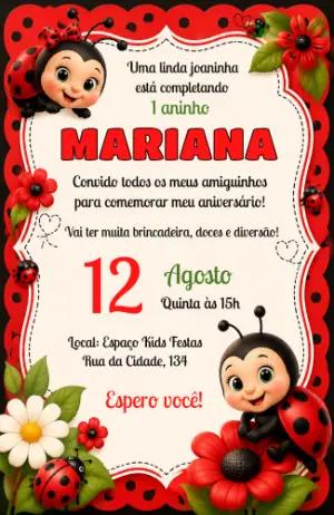 Convite de Aniversário Joaninha Vermelho para Editar