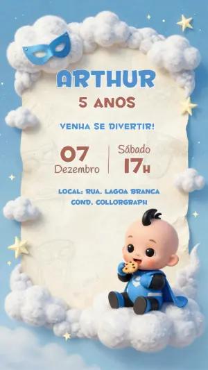 Convite de Aniversário Super-Herói Fofo 3D para Editar