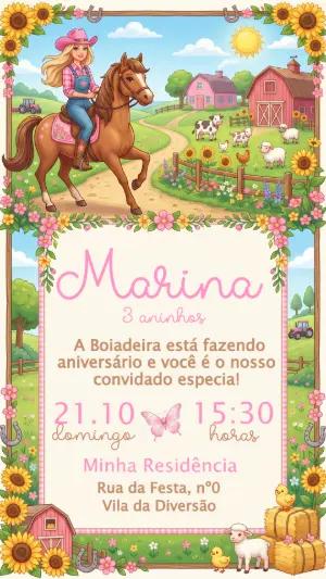 Convite de Aniversário Barbie Boiadeira Fazendinha Editável para Menina