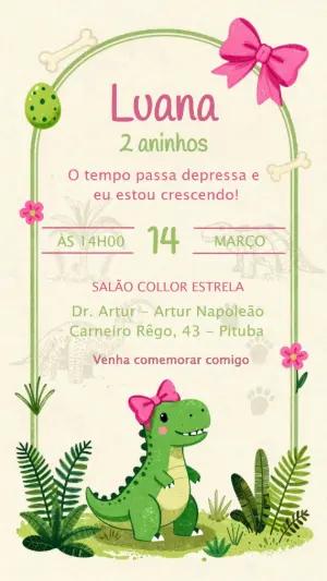 Convite de Aniversário Dinossauro Menina Rosa Editável