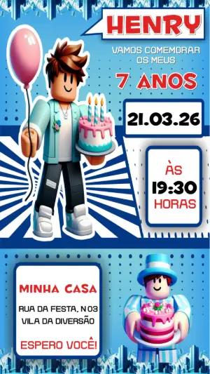 Convite Digital Roblox Menino Azul para Aniversário Editável