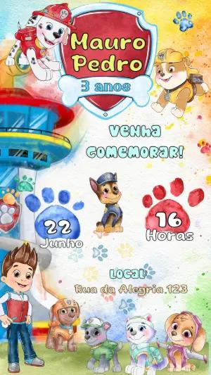Convite Aniversário Patrulha Canina Aquarela para Editar Online