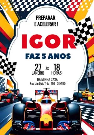 Convite de Aniversário Fórmula 1 Corrida de Carros Editável