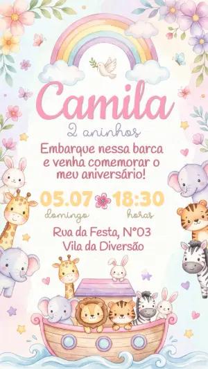 Convite de Aniversário Arca de Noé Menina Fofo para Editar