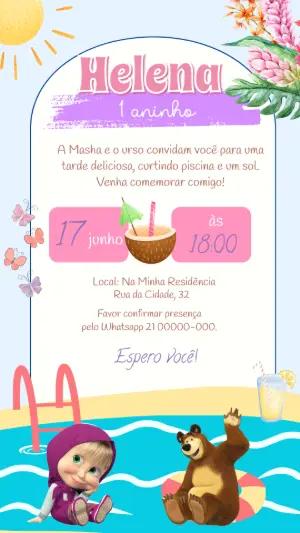 Convite Aniversário Masha e o Urso Pool Party para Editar