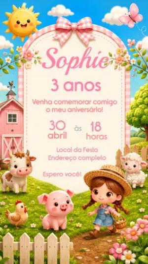 Convite de Aniversário Fazendinha Rosa para Editar
