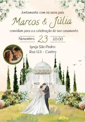 Convite de Casamento Verde e Branco com Foto para Editar Online