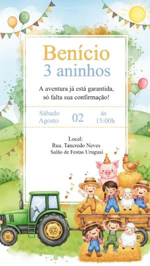 Convite de Aniversário Fazendinha com Trator para Editar