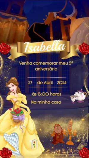 Convite Animado A Bela e a Fera Dourado para Editar