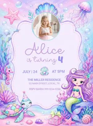 Mermaid Under the Sea Photo Birthday Invitation Template