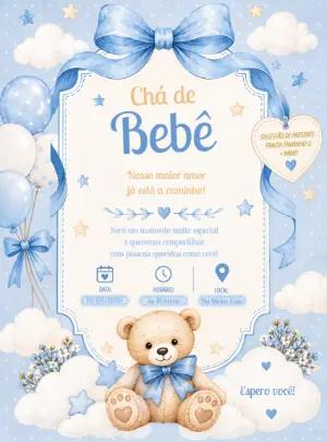 Convite Chá de Bebê Ursinho Príncipe Azul para Editar