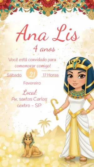 Convite de Aniversário Tema Egito com Cleópatra Editável