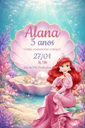 Convite Digital Princesa Ariel Fundo do Mar Modelo Editável