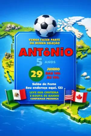 Convite Editável de Aniversário Infantil Pool Party Futebol Seleção