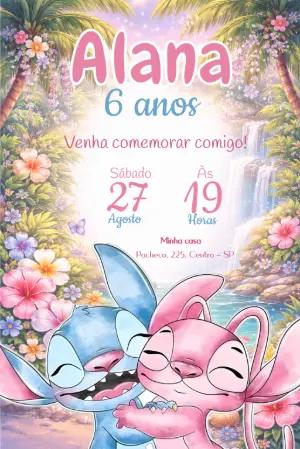 Convite Digital Stitch e Angel Aniversário Infantil Editável