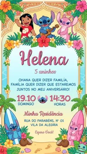 Convite de Aniversário Lilo & Stitch Tropical Editável