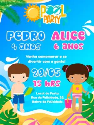 Convite Aniversário Duplo Pool Party para Editar Online