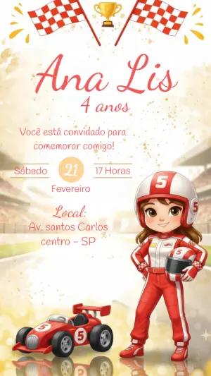 Convite de Aniversário Corrida de Carros Menina Editável