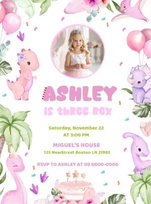 Editable Girl Dinosaur Birthday Invitation with Photo