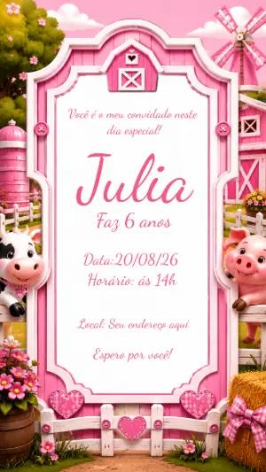 Convite Digital Aniversário Fazendinha Rosa para Editar
