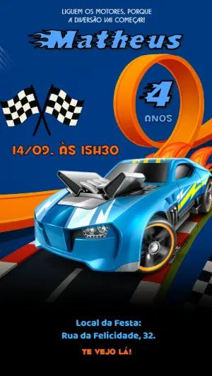 Convite de Aniversário Hotwheels Editável com Carros de Corrida