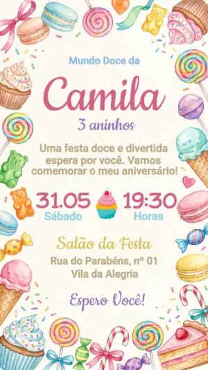 Convite de Aniversário Mundo Doce Aquarela Editável