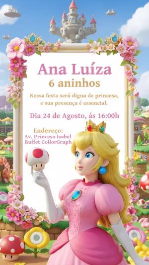 Convite de Aniversário Princesa Peach para Editar Online