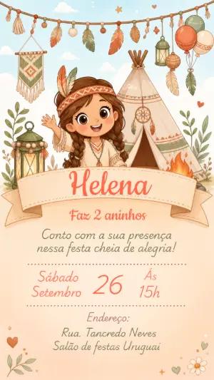 Convite Aniversário Indiozinha Tenda Boho Editável