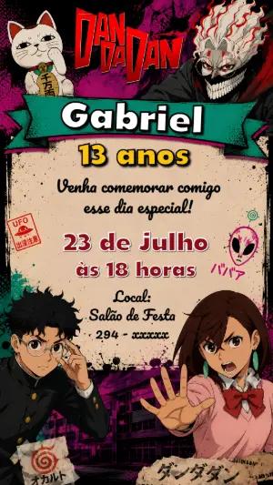 Convite de Aniversário Dandadan Estilo Anime para Editar