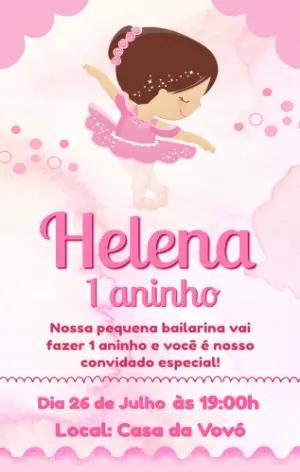 Convite de Aniversário Bailarina Rosa Delicado Modelo Editável