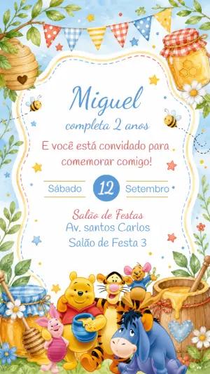Convite de Aniversário Ursinho Pooh Aquarela para Editar