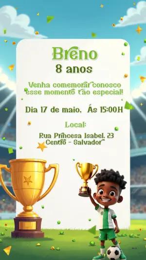 Convite Aniversário Futebol Menino Campeão para Editar Online