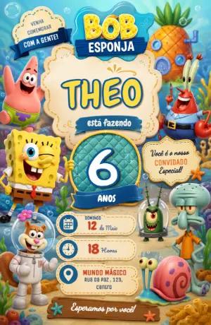 Convite de Aniversário Bob Esponja Divertido para Editar