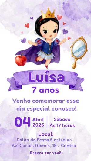 Convite de Aniversário Branca de Neve Roxo Digital para Editar