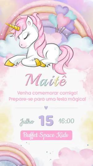 Convite de Aniversário Unicórnio Mágico em Aquarela para Editar