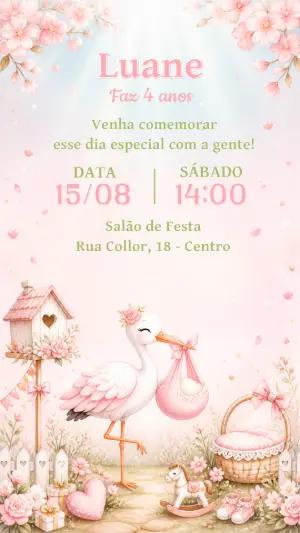 Convite de Aniversário Cegonha Rosa Modelo Digital Editável