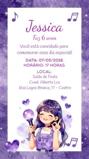 Convite Digital Aniversário Tema K-pop Roxo para Editar