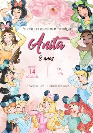 Convite de Aniversário Princesas da Disney Aquarela para Editar