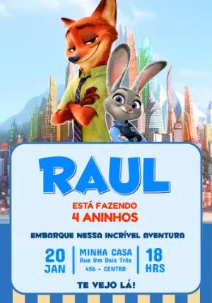 Convite de Aniversário Zootopia com Nick e Judy para Editar