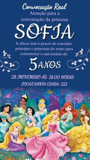 Convite de Aniversário Princesas Disney Editável Estilo Real