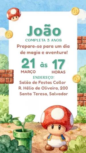 Convite de Aniversário Super Mario Aquarela para Editar