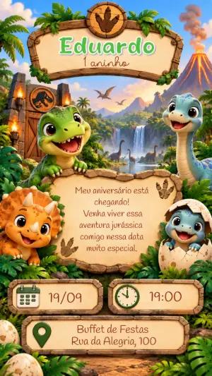 Convite Digital Aniversário Dinossauros Fofos Editável