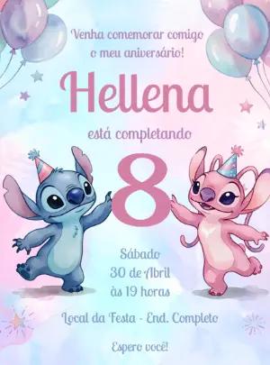 Convite de Aniversário Stitch e Angel Aquarela Editável