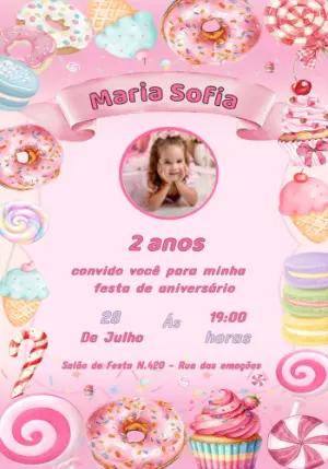 Convite de Aniversário Mundo Doce com Foto para Editar Online