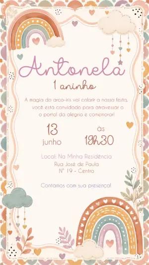 Convite de Aniversário Arco-íris Boho Editável para Menina
