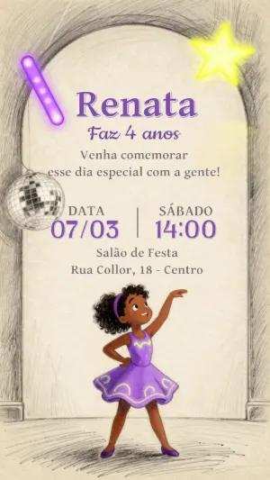Convite de Aniversário Menina Dançarina Roxo para Editar