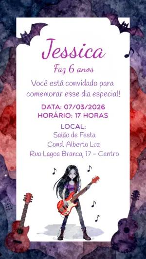 Convite de Aniversário Digital Menina Rockstar para Editar