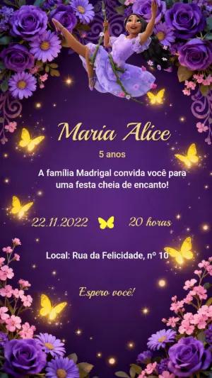Convite Aniversário Isabela Encanto Roxo e Floral Editável