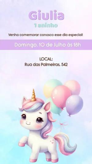 Convite de Aniversário Unicórnio Fofo em Tons Pastéis Editável